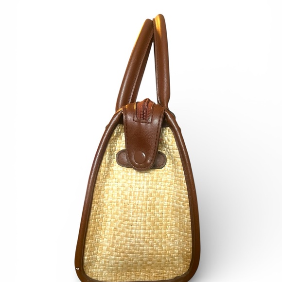 Vintage Woven Straw & Brown Leather Satchel Handbag | Summer Top Handle Purse - Picture 5 of 7